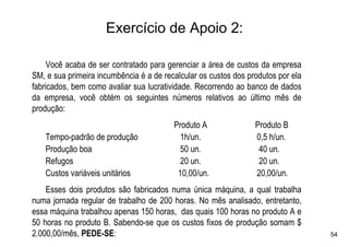 Exercício de Apoio 2:

    Você acaba de ser contratado para gerenciar a área de custos da empresa
SM, e sua primeira incumbência é a de recalcular os custos dos produtos por ela
fabricados, bem como avaliar sua lucratividade. Recorrendo ao banco de dados
da empresa, você obtém os seguintes números relativos ao último mês de
produção:
                                         Produto A               Produto B
   Tempo-padrão de produção                1h/un.                0,5 h/un.
   Produção boa                            50 un.                 40 un.
   Refugos                                 20 un.                 20 un.
   Custos variáveis unitários             10,00/un.              20,00/un.
    Esses dois produtos são fabricados numa única máquina, a qual trabalha
numa jornada regular de trabalho de 200 horas. No mês analisado, entretanto,
essa máquina trabalhou apenas 150 horas, das quais 100 horas no produto A e
50 horas no produto B. Sabendo-se que os custos fixos de produção somam $
2.000,00/mês, PEDE-SE:                                                            54
 