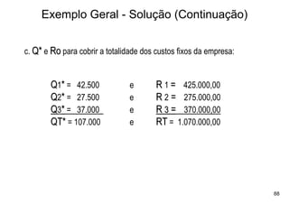 Exemplo Geral - Solução (Continuação)


c. Q* e Ro para cobrir a totalidade dos custos fixos da empresa:


        Q1* = 42.500            e       R 1 = 425.000,00
        Q2* = 27.500            e       R 2 = 275.000,00
        Q3* = 37.000            e       R 3 = 370.000,00
        QT* = 107.000           e       RT = 1.070.000,00




                                                                   88
 