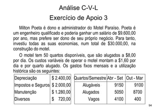 Análise C-V-L
                   Exercício de Apoio 3
    Milton Poeta é dono e administrador do Motel Paraíso. Poeta é
um engenheiro qualificado e poderia ganhar um salário de $9.600,00
por ano, mas prefere ser dono de seu próprio negócio. Para tanto,
investiu todas as suas economias, num total de $30.000,00, na
construção do motel.
    O motel tem 50 quartos disponíveis, que são alugados a $8,00
por dia. Os custos variáveis de operar o motel montam a $1,60 por
dia e por quarto alugado. Os gastos fixos mensais e a utilização
histórica são os seguintes:
 Depreciação          $ 2.400,00 Quartos/Semestre Abr - Set Out - Mar
 Impostos e Seguros $ 2.000,00        Alugáveis        9150      9100
 Manutenção           $ 1.280,00      Alugados         5050      8700
 Diversos             $ 720,00           Vagos         4100       400
                                                                        94
 