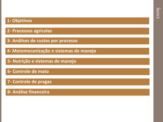 ÍNDICE
1- Objetivos
4- Motomecanização e sistemas de manejo
2- Processos agrícolas
3- Análises de custos por processo
5- Nutrição e sistemas de manejo
6- Controle de mato
7- Controle de pragas
8- Análise financeira
 