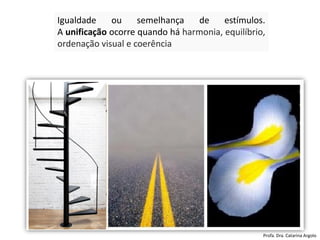 Igualdade ou semelhança de estímulos.
A unificação ocorre quando há harmonia, equilíbrio,
ordenação visual e coerência
Profa. Dra. Catarina Argolo
 