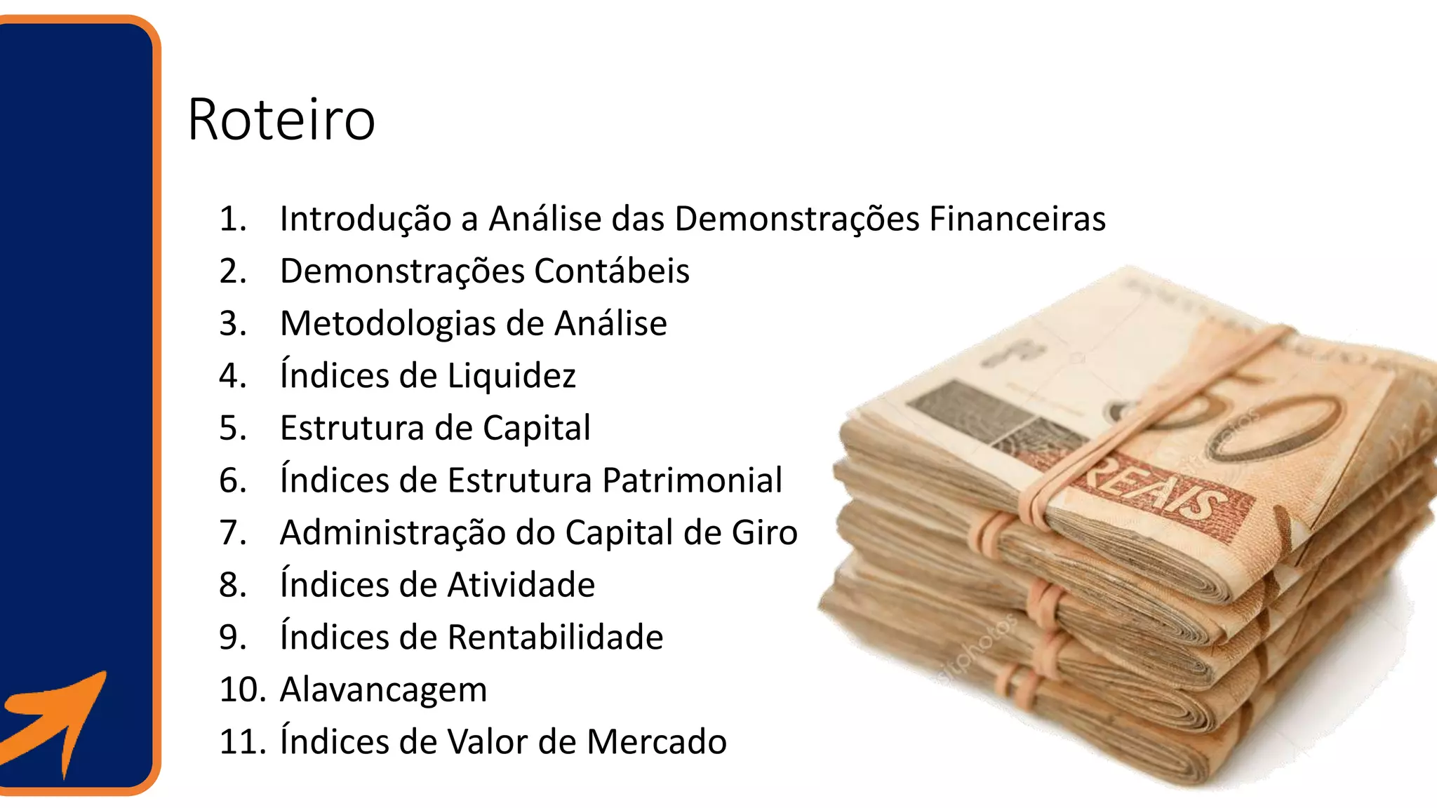 Roteiro
1. Introdução a Análise das Demonstrações Financeiras
2. Demonstrações Contábeis
3. Metodologias de Análise
4. Índices de Liquidez
5. Estrutura de Capital
6. Índices de Estrutura Patrimonial
7. Administração do Capital de Giro
8. Índices de Atividade
9. Índices de Rentabilidade
10. Alavancagem
11. Índices de Valor de Mercado
 