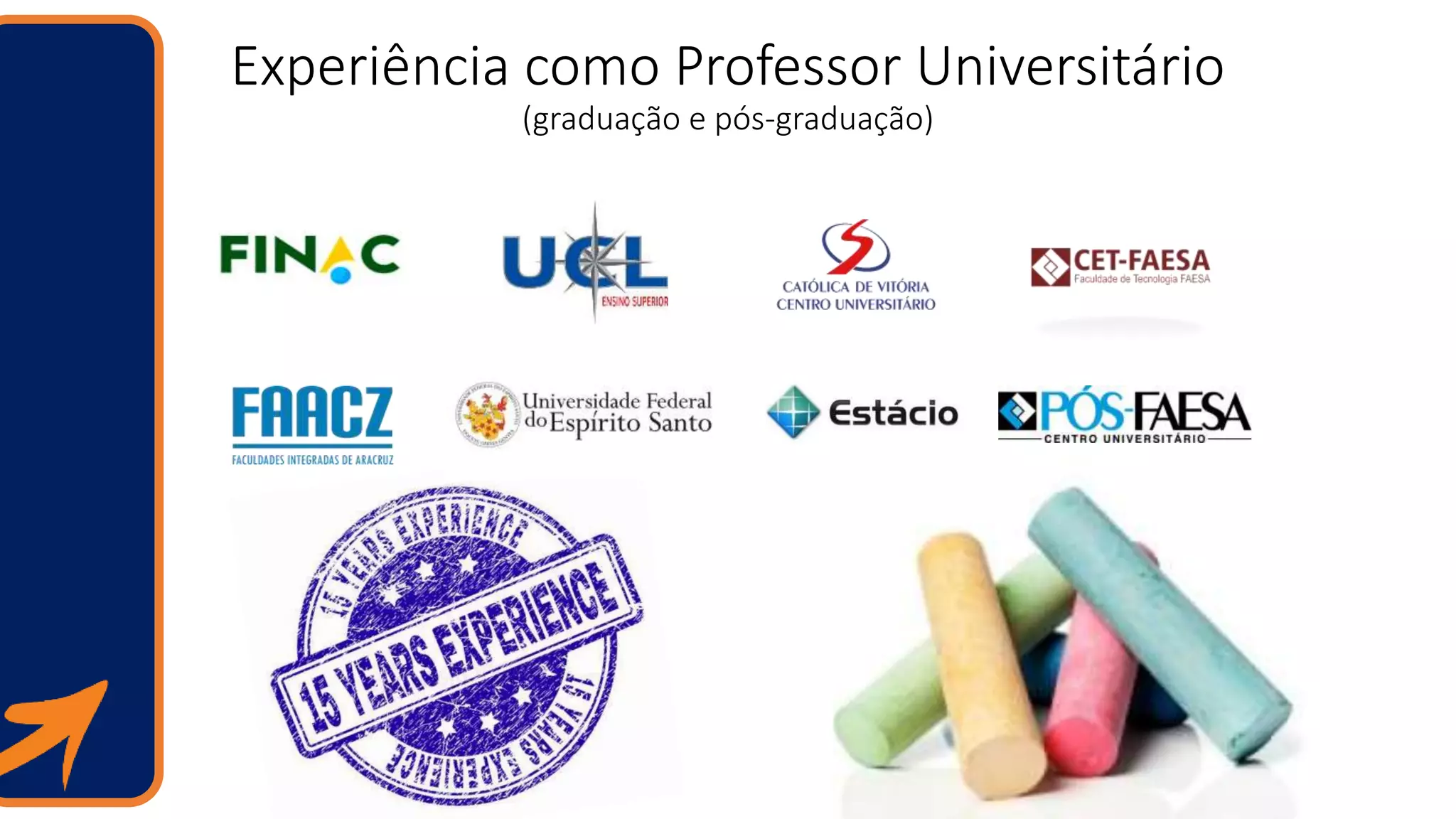 Experiência como Professor Universitário
(graduação e pós-graduação)
 