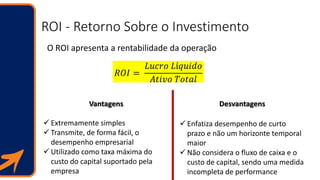ROI - Retorno Sobre o Investimento
O ROI apresenta a rentabilidade da operação
𝑅𝑂𝐼 =
𝐿𝑢𝑐𝑟𝑜 𝐿í𝑞𝑢𝑖𝑑𝑜
𝐴𝑡𝑖𝑣𝑜 𝑇𝑜𝑡𝑎𝑙
Vantagens D...