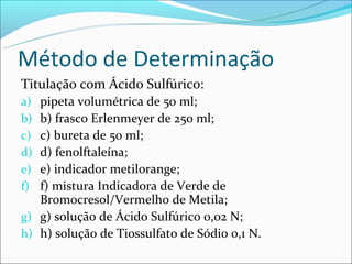Método de Determinação
Titulação com Ácido Sulfúrico:
a) pipeta volumétrica de 50 ml;
b) b) frasco Erlenmeyer de 250 ml;
c) c) bureta de 50 ml;
d) d) fenolftaleína;
e) e) indicador metilorange;
f) f) mistura Indicadora de Verde de
   Bromocresol/Vermelho de Metila;
g) g) solução de Ácido Sulfúrico 0,02 N;
h) h) solução de Tiossulfato de Sódio 0,1 N.
 