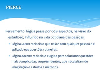 PIERCE



Pensamento: lógica passa por dois aspectos, na visão do
 estudioso, influindo na vida cotidiana das pessoas:
    Lógica utens: raciocínio que nasce com qualquer pessoa e é
    aplicado nas questões rotineiras.
    Lógica docens: raciocínio exigido para solucionar questões
    mais complicadas, surpreendentes, que necessitam de
    imaginação e estudos e métodos.
 