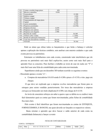 011     Contas a receber longo prazo                  420
021     Móveis e utensílios                         9.930
031     Fornecedores                                                     12.300
032     Salários a pagar                                                  1.030
033     Tributos a pagar                                                  1.320
041     Financiamentos de longo prazo                                     7.460
051     Capital                                                           6.430
052     Lucros acumulados                                                12.530
054     Prejuízos acumulados                                            ( 6.570)
061     Despesas diversas                           6.650
062     Despesas com salários                       6.910
063     Despesas com aluguéis                       2.990
071     Receitas de vendas                                               36.300
074     Tributos sobre vendas                                           ( 1.050)
072     Rendas de aplicações financeiras                                  1.010
080     Custo das mercadorias vendidas          20.610
        TOTAIS                                  70.760                   70.760


         Pedir ao aluno que efetue todos os lançamentos e que feche o balanço é solicitar
  apenas a aplicação das técnicas contábeis, sem analisar com maiores cuidados o que cada
  evento provoca no patrimônio.
         Entretanto se trabalharmos com cada evento, construindo toda interferência que ele
  provoca no patrimônio será mais fácil explica-los; assim como será mais fácil para o
  aprendiz fixar os conceitos. Para facilitar o trabalho ao invés de usar do razão em “T” é
  mais fácil usar uma ficha de contabilidade para cada conta movimentada.
         Suponhamos ainda que em dezembro XO tenham ocorrido os seguintes eventos:
- Discutindo apenas o evento “a” -
         a. Compras de mercadorias $ 8.610 sendo $ 4.300 a prazo e $ 4.310 a vista pago em
               cheque;
          O que deve ser explicado que a empresa recebeu mercadorias que foram para os
      estoques para serem vendidas posteriormente. Em troca das mercadorias a empresa
      entregou ao fornecedor um titulo (duplicata) $ 4.300 e um cheque de $ 4.310.
         Ao invés de concentrar esforços em saber a quem o que se debita ou se credita é mais
      fácil demonstrar quais as contas que foram movimentadas, pelas fichas de contabilidade
      fica mais claro.
         Pelo evento é fácil identificar que foram movimentadas as contas de ESTOQUES,
      FORNECEDORES, E BANCOS, nas quais deverão ser lançados os respectivos valores.
           Basta orientar o aprendiz que deve buscar o saldo anterior de cada conta na
      contabilidade (balancete) e lançar o evento


                                       FICHA DE CONTABILIDADE
CONTA: ESTOQUES
Cód     Data          H I S T Ó R I C O              Débito   Crédito     Saldo    D/C

                                                                                          34
 