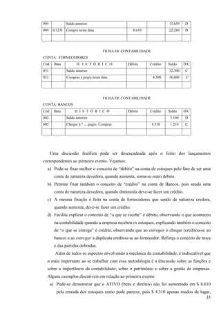 004             Saldo anterior                                           13.650   D
004    0/12/0   Compra nesta data                    8.610               22.260   D




                                        FICHA DE CONTABILIDADE
CONTA: FORNECEDORES
Cód    Data            H I S T Ó R I C O           Débito    Crédito     Saldo    D/C
031             Saldo anterior                                           12.300   C
031             Compras a prazo nesta data                       4.300   16.600    C




                                        FICHA DE CONTABILIDADE
CONTA: BANCOS
Cód    Data          H I S T Ó R I C O             Débito    Crédito     Saldo    D/C
002             Saldo anterior                                            3.100   D
002             Cheque n º .... pagto. Compras                   4.310    1.210   C




      Uma discussão frutífera pode ser desencadeada após o feitio dos lançamentos
correspondentes ao primeiro evento. Vejamos:
  a) Pode-se fixar melhor o conceito de “débito” na conta de estoques pelo fato de ser uma
        conta de natureza devedora, quando aumenta, soma-se outro débito.
  b) Permite fixar também o conceito de “crédito” na conta de Bancos, pois sendo uma
        conta de natureza devedora, quando diminuída deve-se fazer um crédito.
  c) A mesma fixação é feita na conta de fornecedores que sendo de natureza credora,
        quando aumenta, deve-se fazer um crédito.
  d) Facilita explicar o conceito de “o que se recebe” é débito, observando o que aconteceu
        na contabilidade quando a empresa recebeu os estoques; explicando também o conceito
        de “o que se entrega” é crédito, observando que ao entregar o cheque (creditou-se ao
        banco) e ao entregar a duplicata creditou-se ao fornecedor. Reforça o conceito de troca
        e das partidas dobradas.
        Além de todos os aspectos envolvendo a mecânica da contabilidade, é indiscutível que
  o mais importante ao se trabalhar com essa metodologia é a discussão sobre as funções e
  sobre a importância da contabilidade; sobre o patrimônio e sobre a gestão de empresas.
  Alguns exemplos discutíveis em relação ao primeiro evento:
      a) Pode-se demonstrar que o ATIVO (bens e direitos) não foi aumentado em $ 8.610
         pela entrada dos estoques como pode parecer, pois $ 4.310 apenas mudou de lugar,
                                                                                      35
 