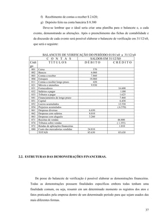 f) Recebimento de contas a receber $ 2.620;
               g) Depósito feito na conta bancária $ 8.300
                 Deve-se lembrar que o ideal seria criar uma planilha para o balancete e, a cada
        evento, demonstrando as alterações. Após o preenchimento das fichas de contabilidade e
        da discussão de cada evento será possível elaborar o balancete de verificação em 31/12/x0,
        que será o seguinte:


                BALANCETE DE VERIFICAÇÃO DO PERÍODO 01/01/x0 a 31/12/x0
                  C O N T A S             SALDOS EM 31/12/X0
      Códi         TÍTULOS            DÉBITO           CRÉDITO
      go
      001    Caixa                                     570
      002    Bancos                                  6.060
      003    Contas a receber                        7.860
      004    Estoques                               18.060
      011    Contas a receber longo prazo              420
      021    Móveis e utensílios                     9.930
      031    Fornecedores                                                 16.600
      032    Salários a pagar                                               1.l00
      033    Tributos a pagar                                              1.625
      041    Financiamentos de longo prazo                                 7.460
      051    Capital                                                       6.430
      052    Lucros acumulados                                            12.530
      054    Prejuízos acumulados                                        ( 6.570)
      061    Despesas diversas                      6.650
      062    Despesas com salários                  8.010
      063    Despesas com aluguéis                  3.260
      071    Receitas de vendas                                           46.800
      074    Tributos sobre vendas                                       ( 1.355)
      072    Rendas de aplicações financeiras                              1.010
      080    Custo das mercadorias vendidas        24.810
             TOTAIS                                85.630                 85.630




2.2. ESTRUTURAS DAS DEMONSTRAÇÕES FINANCEIRAS.




         De posse do balancete de verificação é possível elaborar as demonstrações financeiras.
      Todas as demonstrações possuem finalidades específicas embora todas tenham uma
      finalidade comum, ou seja, resumir em um determinado momento os registros dos atos e
      fatos praticados pela empresa dentro de um determinado período para que sejam usados das
      mais diferentes formas.


                                                                                               37
 