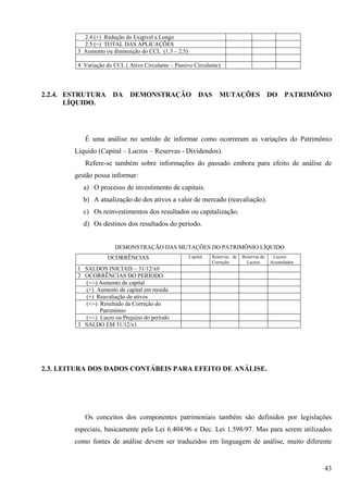 2.4 (+) Redução do Exigível a Longo
           2.5 (=) TOTAL DAS APLICAÇÕES
         3 Aumento ou diminuição do CCL (1.3 – 2.5)

         4 Variação do CCL ( Ativo Circulante – Passivo Circulante)




2.2.4. ESTRUTURA       DA     DEMONSTRAÇÃO DAS MUTAÇÕES                                     DO    PATRIMÔNIO
       LÍQUIDO.




            É uma análise no sentido de informar como ocorreram as variações do Patrimônio
        Líquido (Capital – Lucros – Reservas - Dividendos).
            Refere-se também sobre informações do passado embora para efeito de análise de
        gestão possa informar:
           a) O processo de investimento de capitais.
           b) A atualização do dos ativos a valor de mercado (reavaliação).
           c) Os reinvestimentos dos resultados ou capitalização.
           d) Os destinos dos resultados do período.


                        DEMONSTRAÇÃO DAS MUTAÇÕES DO PATRIMÔNIO LÍQUIDO
                     OCORRÊNCIAS                      Capital   Reservas de   Reservas de    Lucros
                                                                Correção        Lucros      Acumulados
         1 SALDOS INICIAIS – 31/12/x0
         2 OCORRÊNCIAS DO PERÍODO
           (+/-) Aumento de capital
           (+) Aumento de capital em moeda
           (+) Reavaliação de ativos
           (+/-) Resultado da Correção do
                 Patrimônio
           (+/-) Lucro ou Prejuízo do período
         3 SALDO EM 31/12/x1




2.3. LEITURA DOS DADOS CONTÁBEIS PARA EFEITO DE ANÁLISE.




            Os conceitos dos componentes patrimoniais também são definidos por legislações
        especiais, basicamente pela Lei 6.404/96 e Dec. Lei 1.598/97. Mas para serem utilizados
        como fontes de análise devem ser traduzidos em linguagem de análise, muito diferente


                                                                                                          43
 