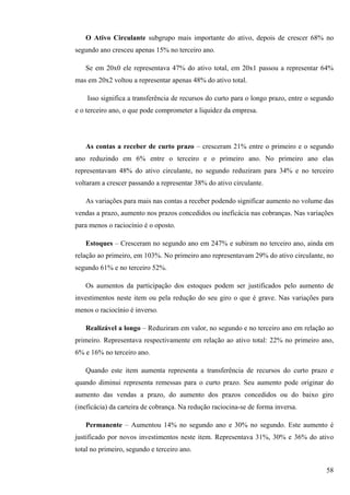 O Ativo Circulante subgrupo mais importante do ativo, depois de crescer 68% no
segundo ano cresceu apenas 15% no terceiro ano.

   Se em 20x0 ele representava 47% do ativo total, em 20x1 passou a representar 64%
mas em 20x2 voltou a representar apenas 48% do ativo total.

    Isso significa a transferência de recursos do curto para o longo prazo, entre o segundo
e o terceiro ano, o que pode comprometer a liquidez da empresa.




   As contas a receber de curto prazo – cresceram 21% entre o primeiro e o segundo
ano reduzindo em 6% entre o terceiro e o primeiro ano. No primeiro ano elas
representavam 48% do ativo circulante, no segundo reduziram para 34% e no terceiro
voltaram a crescer passando a representar 38% do ativo circulante.

   As variações para mais nas contas a receber podendo significar aumento no volume das
vendas a prazo, aumento nos prazos concedidos ou ineficácia nas cobranças. Nas variações
para menos o raciocínio é o oposto.

   Estoques – Cresceram no segundo ano em 247% e subiram no terceiro ano, ainda em
relação ao primeiro, em 103%. No primeiro ano representavam 29% do ativo circulante, no
segundo 61% e no terceiro 52%.

   Os aumentos da participação dos estoques podem ser justificados pelo aumento de
investimentos neste item ou pela redução do seu giro o que é grave. Nas variações para
menos o raciocínio é inverso.

   Realizável a longo – Reduziram em valor, no segundo e no terceiro ano em relação ao
primeiro. Representava respectivamente em relação ao ativo total: 22% no primeiro ano,
6% e 16% no terceiro ano.

   Quando este item aumenta representa a transferência de recursos do curto prazo e
quando diminui representa remessas para o curto prazo. Seu aumento pode originar do
aumento das vendas a prazo, do aumento dos prazos concedidos ou do baixo giro
(ineficácia) da carteira de cobrança. Na redução raciocina-se de forma inversa.

   Permanente – Aumentou 14% no segundo ano e 30% no segundo. Este aumento é
justificado por novos investimentos neste item. Representava 31%, 30% e 36% do ativo
total no primeiro, segundo e terceiro ano.

                                                                                        58
 