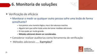 6. Monitoria de soluções
▶ Verificação de eficácia
▸Monitorar e medir se qualquer outra pessoa sofre uma lesão de forma
semelhante?
– Isso parece uma maneira lógica, mas é de natureza reactiva.
– Alguém tem que sofrer lesão antes de tomar medidas adicionais.
– O risco pode ser muito grande.
– Métodos adicionais devem ser considerados.
▸Considerar realizar auditorias como ferramenta de verificação
▸ Métodos adicionais ….. Exemplos?
25
 