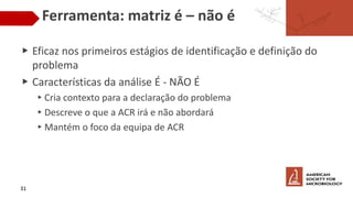 Ferramenta: matriz é – não é
▶ Eficaz nos primeiros estágios de identificação e definição do
problema
▶ Características da análise É - NÃO É
▸Cria contexto para a declaração do problema
▸Descreve o que a ACR irá e não abordará
▸Mantém o foco da equipa de ACR
31
 