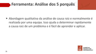 Ferramenta: Análise dos 5 porquês
▶ Abordagem qualitativa da análise de causa raiz e normalmente é
realizada por uma equipa. Isso ajuda a determinar rapidamente
a causa raiz de um problema e é fácil de aprender e aplicar.
35
 
