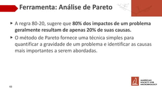 Ferramenta: Análise de Pareto
▶ A regra 80-20, sugere que 80% dos impactos de um problema
geralmente resultam de apenas 20% de suas causas.
▶ O método de Pareto fornece uma técnica simples para
quantificar a gravidade de um problema e identificar as causas
mais importantes a serem abordadas.
43
 