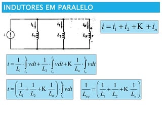 INDUTORES EM PARALELO
niiii  21
 
111
111
21
t
tn
t
t
t
t ooo
vdt
L
vdt
L
vdt
L
i 







1
111
21
t
tn o
vdt
LLL
i  






neq LLLL
1111
21

 
