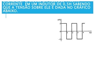 EXERCÍCIO: CALCULE EXPRESSÕES PARA A
CORRENTE EM UM INDUTOR DE 0,5H SABENDO
QUE A TENSÃO SOBRE ELE É DADA NO GRÁFICO
ABAIXO.
 