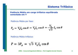 2424UFBA – Curso de Engenharia Elétrica – Prof. Eugênio Correia Teixeira
Sistema Trifásico
Potência Média em carga trifásica equilibrada
conectada em Y
Potência Média por fase:
Potência Média trifásica:
 