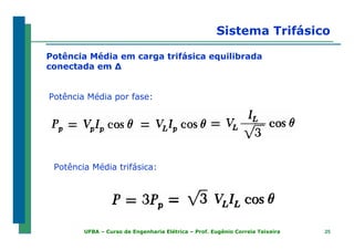 2525UFBA – Curso de Engenharia Elétrica – Prof. Eugênio Correia Teixeira
Sistema Trifásico
Potência Média em carga trifásica equilibrada
conectada em ∆
Potência Média por fase:
Potência Média trifásica:
 