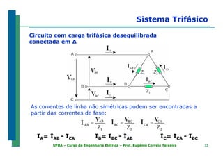3333UFBA – Curso de Engenharia Elétrica – Prof. Eugênio Correia Teixeira
Circuito com carga trifásica desequilibrada
conectada em ∆
As correntes de linha não simétricas podem ser encontradas a
partir das correntes de fase:
Sistema Trifásico
IA= IAB - ICA IB= IBC - IAB IC= ICA - IBC
 