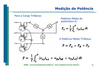 4242UFBA – Curso de Engenharia Elétrica – Prof. Eugênio Correia Teixeira
Medição de Potência
Para a Carga Trifásica:
Potência Média do
wattímetro A:
A Potência Média Trifásica:
 