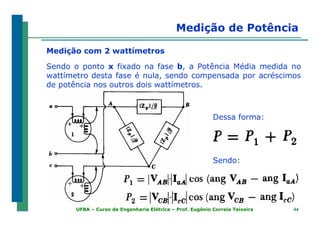 4444UFBA – Curso de Engenharia Elétrica – Prof. Eugênio Correia Teixeira
Medição de Potência
Medição com 2 wattímetros
Sendo o ponto x fixado na fase b, a Potência Média medida no
wattímetro desta fase é nula, sendo compensada por acréscimos
de potência nos outros dois wattímetros.
Dessa forma:
Sendo:
 