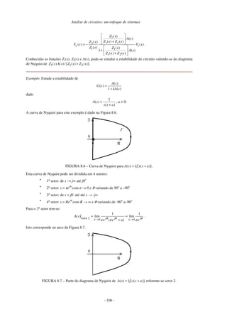 Análise de circuitos: um enfoque de sistemas
- 106 -
1
1 2
2
1 1
1 2
( )
( )
( ) ( )
( )
( ) ( )
( ) ( )
1 ( )
( ) ( )
o i
Z s
A s
Z s Z s
Z s
V s V s
Z s Z s
A s
Z s Z s
+
= −
+
+
.
Conhecidas as funções Z1(s), Z2(s) e A(s), pode-se estudar a estabilidade do circuito valendo-se do diagrama
de Nyquist de 1 1 2
( ) ( ) /[ ( ) ( )]
Z s A s Z s Z s
+ .
Exemplo: Estude a estabilidade de
( )
( )
1 ( )
A s
G s
kA s
=
+
dado
1
( )
( )
A s
s s a
=
+
, a > 0.
A curva de Nyquist para este exemplo é dado na Figura 8.6.
0
ℜ
ℑ
Γ
FIGURA 8.6 – Curva de Nyquist para ( ) 1 [ ( )]
A s s s a
= + .
Esta curva de Nyquist pode ser dividida em 4 setores:
•
1o
setor: de s → j∞ até j0+
•
2o
setor: s = εejθ
com ε → 0 e θ variando de 90o
a –90o
•
3o
setor: de s = j0-
até até s → -j∞
•
4o
setor: s = Rejθ
com R → ∞ e θ variando de -90o
a–90o
Para o 2o
setor tem-se:
setor 2 0 0
1 1
( ) lim lim
( )
j j j
A s
e e a e
θ θ θ
ε ε
ε ε ε
→ →
= =
+
.
Isto corresponde ao arco da Figura 8.7.
0
ℜ
ℑ
FIGURA 8.7 – Parte do diagrama de Nyquist de ( ) 1 [ ( )]
A s s s a
= + referente ao setor 2.
 