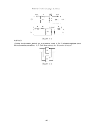 Análise de circuitos: um enfoque de sistemas
- 131 -
R1
R2
C
1 [S]
v1(t)
+
-
i1(t)
v2(t)
+
-
i2(t)
i1
v1
+
-
+
-
i2
v2
n=n1:n2
Ld
Lm
R2
R1
FIGURA 10.11
Exercício 3:
Determine as representações possíveis para os circuitos das Figuras 10.10 e 10.11 ligados em paralelo, dois a
dois, conforme diagrama da Figura 10.12. Quais destas interconexões são circuitos recíprocos?
Na
Nb
FIGURA 10.11
 