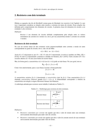 Análise de circuitos: um enfoque de sistemas
2. Resistores com dois terminais
Obtidas as equações das leis de Kirchhoff, restam graus de liberdade (ver exercício 4 do Capítulo 1) e por
isso é importante considerar as relações entre tensões e correntes de ramos do circuito. Essas relações são
definidas pelo comportamento dos elementos de circuito. A primeira classe de elementos de circuito a ser
estudada é a dos resistores.
Definição:
Resistor é um elemento de circuito definido completamente pela relação entre os valores
instantâneos de corrente i(t) e tensão v(t), isto é, por sua característica tensão × corrente (ou corrente
× tensão).
Resistores de dois terminais
No caso do resistor linear de dois terminais existe proporcionalidade entre corrente e tensão do ramo
correspondente no grafo do circuito, isto é, vale a lei de Ohm:
)
(
)
(
ou
)
(
)
( t
Gv
t
i
t
Ri
t
v =
=
Assim R e G relacionam-se por R = 1/G. O valor R é denominado resistência (medida em Ohm, [Ω] =
[V/A]). O valor G é denominado condutância (medida em Siemens, [S] = [A/V]). Curto circuitos (R = 0) e
circuitos abertos (G = 0) são casos-limite do resistor linear.
Mas, de forma geral, a característica v(t) × i(t) (ou i(t) × v(t)) pode ser não-linear. No caso geral, tem-se:
{ }
0
)
,
(
:
)
,
( =
=
ℜ i
v
f
i
v
R
Como visto anteriormente, para o caso linear f assume a forma particular
Ri
v
i
v
f −
=
)
,
(
ou
Gv
i
i
v
f −
=
)
,
(
~
A característica resistiva f(v,i) é denominada a característica dual de f(v,i). Uma característica f(v,i) é
chamada característica bilateral quando f(v,i) = f(-v,-i). A bilateralidade corresponde à simetria da
característica em relação à origem. Resistores lineares são bilaterais.
A simbologia adotada para resistores neste trabalho é indicada na Tabela 2.1.
Tabela 2.1 – Simbologia para resistores de dois terminais.
Resistor linear
R ou G
i
+ -
v
Resistor não-linear
f(v,i)
i
+ -
v
Definições:
• Resistores controlados por corrente são aqueles que têm o valor de tensão entre seus terminais
univocamente determinado para dado valor de corrente.
• Resistores controlados por tensão são aqueles que têm o valor de corrente através de seus terminais
univocamente determinado para dado valor de tensão.
- 11 -
 