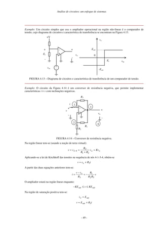 Análise de circuitos: um enfoque de sistemas
- 49 -
Exemplo: Um circuito simples que usa o ampliador operacional na região não-linear é o comparador de
tensão, cujo diagrama de circuitos e característica de transferência se encontram na Figura 4.13.
-
+
vo
vin
+
+V
-
+
-
Et
+
-
0
vo
vin
Esat
Et
-Esat
FIGURA 4.13 – Diagrama de circuitos e característica de transferência de um comparador de tensão.
Exemplo: O circuito da Figura 4.14 é um conversor de resistência negativa, que permite implementar
características i × v com inclinações negativas.
+
-
R2
R1
vo
v +
-
R3
+
-
i 1
2
3
4
FIGURA 4.14 – Conversor de resistência negativa.
Na região linear tem-se (usando a noção de terra virtual):
o
o Kv
v
R
R
R
v
v =
+
=
= −
2
1
2
4
2
Aplicando-se a lei de Kirchhoff das tensões na sequência de nós 4-1-3-4, obtém-se
i
R
v
v o 3
+
=
A partir das duas equações anteriores tem-se:
v
R
R
R
R
v
v
i o
3
2
1
3
−
=
−
=
O ampliador estará na região linear enquanto:
sat
sat KE
v
KE ≤
≤
−
Na região de saturação positiva tem-se:
sat
o E
v =
i
R
E
v sat 3
+
=
 