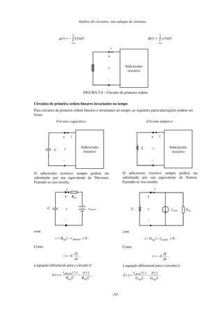 Análise de circuitos: um enfoque de sistemas
-57-
∞
−
−
=
t
d
i
t
q τ
τ)
(
)
(
∞
−
=
t
d
v
t τ
τ
φ )
(
)
(
+
-
i
v Subcircuito
resistivo
FIGURA 5.9 – Circuito de primeira ordem.
Circuitos de primeira ordem lineares invariantes no tempo
Para circuitos de primeira ordem lineares e invariantes no tempo, as seguintes particularizações podem ser
feitas:
Circuito capacitivo:
+
-
i
v Subcircuito
resistivo
C
O subcircuito resistivo sempre poderá ser
substituído por seu equivalente de Thevenin.
Fazendo-se isso resulta:
vaberto
Req
+
-
i
v
C
com
0
=
−
− aberto
eq v
i
R
v .
Como
dt
dv
C
i −
= ,
a equação diferencial para o circuito é:
C
R
)
t
(
v
C
R
)
t
(
v
)
t
(
v
eq
eq
aberto
−
= .
Circuito indutivo:
+
-
i
v Subcircuito
resistivo
L
O subcircuito resistivo sempre poderá ser
substituído por seu equivalente de Norton.
Fazendo-se isso resulta:
icurto
+
-
Geq
i
v
L
com
0
=
−
− curto
eq i
v
G
i .
Como
dt
di
L
v −
= ,
a equação diferencial para o circuito é:
L
G
)
t
(
i
L
G
)
t
(
i
)
t
(
i
eq
eq
curto
−
= .
 