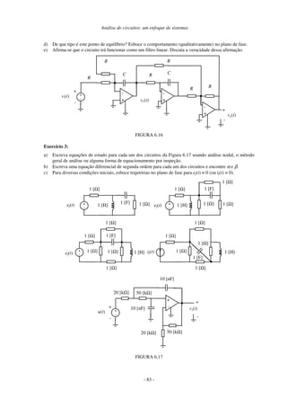 Análise de circuitos: um enfoque de sistemas
- 83 -
d) De que tipo é este ponto de equilíbrio? Esboce o comportamento (qualitativamente) no plano de fase.
e) Afirma-se que o circuito irá funcionar como um filtro linear. Discuta a veracidade dessa afirmação.
-
+
vi(t)
-
+
-
+ -
+
+
-
C
C R
v1(t)
R
R
-
+
R
R
vo(t)
R
FIGURA 6.16
Exercício 3:
a) Escreva equações de estado para cada um dos circuitos da Figura 6.17 usando análise nodal, o método
geral de análise ou alguma forma de equacionamento por inspeção.
b) Escreva uma equação diferencial de segunda ordem para cada um dos circuitos e encontre α e β.
c) Para diversas condições iniciais, esboce trajetórias no plano de fase para ef(t) ≡ 0 (ou if(t) ≡ 0).
ef(t)
1 [Ω]
+
-
1 [F]
1 [H] 1 [Ω] ef(t) +
-
1 [Ω] 1 [F]
1 [H] 1 [Ω]
1 [Ω]
1 [Ω]
ef(t)
+
-
1 [F]
1 [H]
1 [Ω]
1 [Ω]
1 [Ω]
1 [Ω]
1 [Ω]
if(t)
1 [Ω]
1 [F]
1 [H]
1 [Ω]
1 [Ω]
1 [Ω]
1 [Ω]
+
- vs(t)
u(t)
+
-
+
-
+
-
10 [nF]
50 [kΩ]
20 [kΩ]
10 [nF]
20 [kΩ] 50 [kΩ]
FIGURA 6.17
 