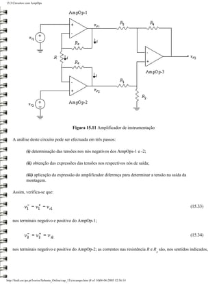 15.3 Circuitos com AmpOps




                                                    Figura 15.11 Amplificador de instrumentação

    A análise deste circuito pode ser efectuada em três passos:

               (i) determinação das tensões nos nós negativos dos AmpOps-1 e -2;

               (ii) obtenção das expressões das tensões nos respectivos nós de saída;

               (iii) aplicação da expressão do amplificador diferença para determinar a tensão na saída da
               montagem.

    Assim, verifica-se que:


                                                                                                             (15.33)


    nos terminais negativo e positivo do AmpOp-1;


                                                                                                             (15.34)


    nos terminais negativo e positivo do AmpOp-2; as correntes nas resistência R e R são, nos sentidos indicados,
                                                                                                  x




http://ltodi.est.ips.pt/lveriss/Sebenta_Online/cap_15/circampo.htm (8 of 14)06-06-2005 12:36:14
 