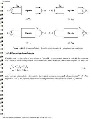 14.1 Diportos




                   Figura 14.4 Cálculo dos coeficientes da matriz de admitâncias de curto-circuito de um diporto

    14.1.3 Exemplos de Aplicação

    Considere-se o circuito resistivo representado na Figura 14.5.a, relativamente ao qual se pretende determinar os
    coeficientes da matriz de impedâncias de circuito aberto. As equações que caracterizam o diporto são neste caso



                                                                                                             (14.9)



    cujas variáveis independentes e dependentes são, respectivamente, as correntes I1 e I2 e as tensões V1 e V2. Nas
    Figuras 14.5.c a 14.5.d representam-se as quatro configurações de cálculo dos coeficientes Z da matriz.
                                                                                                    ij




http://ltodi.est.ips.pt/lveriss/Sebenta_Online/cap_14/diportos.htm (4 of 10)06-06-2005 12:36:27
 