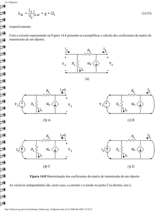 14.1 Diportos



                                                                                                              (14.23)



    respectivamente.

    Com o circuito representado na Figura 14.8 pretende-se exemplificar o cálculo dos coeficientes da matriz de
    transmissão de um diporto.




                           Figura 14.8 Determinação dos coeficientes da matriz de transmissão de um diporto

    As variáveis independentes são, neste caso, a corrente e a tensão no porto-2 (à direita), isto é,




http://ltodi.est.ips.pt/lveriss/Sebenta_Online/cap_14/diportos.htm (9 of 10)06-06-2005 12:36:27
 