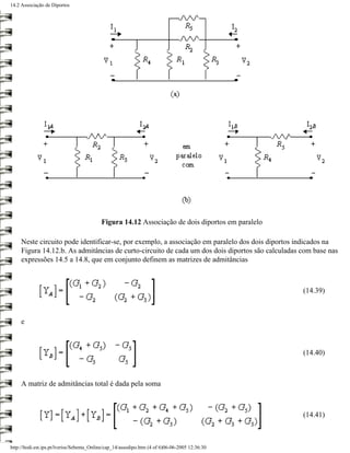 14.2 Associação de Diportos




                                           Figura 14.12 Associação de dois diportos em paralelo

     Neste circuito pode identificar-se, por exemplo, a associação em paralelo dos dois diportos indicados na
     Figura 14.12.b. As admitâncias de curto-circuito de cada um dos dois diportos são calculadas com base nas
     expressões 14.5 a 14.8, que em conjunto definem as matrizes de admitâncias



                                                                                                  (14.39)



     e



                                                                                                  (14.40)



     A matriz de admitâncias total é dada pela soma



                                                                                                  (14.41)



http://ltodi.est.ips.pt/lveriss/Sebenta_Online/cap_14/assodipo.htm (4 of 6)06-06-2005 12:36:30
 
