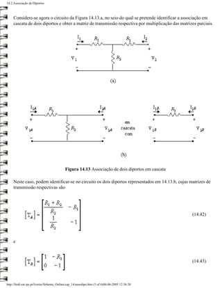 14.2 Associação de Diportos



     Considere-se agora o circuito da Figura 14.13.a, no seio do qual se pretende identificar a associação em
     cascata de dois diportos e obter a matriz de transmissão respectiva por multiplicação das matrizes parciais.




                                            Figura 14.13 Associação de dois diportos em cascata

     Neste caso, podem identificar-se no circuito os dois diportos representados em 14.13.b, cujas matrizes de
     transmissão respectivas são




                                                                                                     (14.42)




     e



                                                                                                     (14.43)



http://ltodi.est.ips.pt/lveriss/Sebenta_Online/cap_14/assodipo.htm (5 of 6)06-06-2005 12:36:30
 