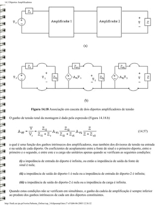 14.3 Diportos Amplificadores




                            Figura 14.18 Associação em cascata de dois diportos amplificadores de tensão

     O ganho de tensão total da montagem é dado pela expressão (Figura 14.18.b)



                                                                                                           (14.57)



     a qual é uma função dos ganhos intrínsecos dos amplificadores, mas também dos divisores de tensão na entrada
     e na saída de cada diporto. Os coeficientes de acoplamento entre a fonte de sinal e o primeiro diporto, entre o
     primeiro e o segundo, e entre este e a carga são unitários apenas quando se verificam as seguintes condições:

               (i) a impedância de entrada do diporto é infinita, ou então a impedância de saída da fonte de
               sinal é nula;

               (ii) a impedância de saída do diporto-1 é nula ou a impedância de entrada do diporto-2 é infinita;

               (iii) a impedância de saída do diporto-2 é nula ou a impedância da carga é infinita.

     Quando estas condições não se verificam em simultâneo, o ganho da cadeia de amplificação é sempre inferior
     ao produto dos ganhos intrínsecos de cada um dos diportos constituintes.

http://ltodi.est.ips.pt/lveriss/Sebenta_Online/cap_14/dipoampl.htm (7 of 8)06-06-2005 12:36:32
 