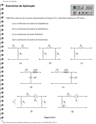 Exercícios de Aplicação


     Exercícios de Aplicação



     *14.1 Para cada um dos circuitos representados na Figura E14.1, determine (admita ω=106 rad/s):

                (a) os coeficientes da matriz de impedâncias;

                (b) os coeficientes da matriz de admitâncias;

                (c) os coeficientes da matriz híbrida h;

                (d) os coeficientes da matriz de transmissão.




                                                                        Figura E14.1

http://ltodi.est.ips.pt/lveriss/Sebenta_Online/cap_14/exapl_14.htm (1 of 3)06-06-2005 12:36:33
 