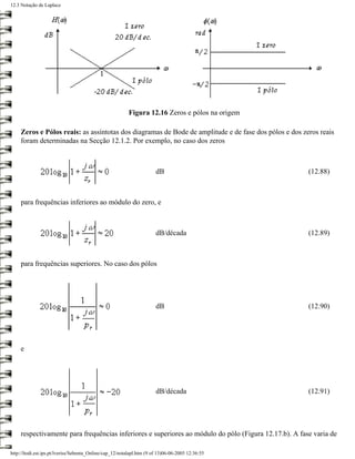 12.3 Notação de Laplace




                                                          Figura 12.16 Zeros e pólos na origem

     Zeros e Pólos reais: as assíntotas dos diagramas de Bode de amplitude e de fase dos pólos e dos zeros reais
     foram determinadas na Secção 12.1.2. Por exemplo, no caso dos zeros



                                                                       dB                              (12.88)



     para frequências inferiores ao módulo do zero, e



                                                                       dB/década                       (12.89)



     para frequências superiores. No caso dos pólos




                                                                       dB                              (12.90)




     e




                                                                       dB/década                       (12.91)




     respectivamente para frequências inferiores e superiores ao módulo do pólo (Figura 12.17.b). A fase varia de

http://ltodi.est.ips.pt/lveriss/Sebenta_Online/cap_12/notalapl.htm (9 of 13)06-06-2005 12:36:55
 