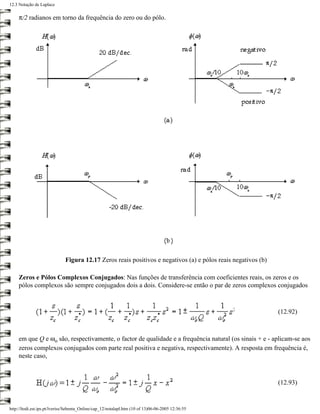 12.3 Notação de Laplace

     π/2 radianos em torno da frequência do zero ou do pólo.




                              Figura 12.17 Zeros reais positivos e negativos (a) e pólos reais negativos (b)

     Zeros e Pólos Complexos Conjugados: Nas funções de transferência com coeficientes reais, os zeros e os
     pólos complexos são sempre conjugados dois a dois. Considere-se então o par de zeros complexos conjugados



                                                                                                               (12.92)



     em que Q e ωo são, respectivamente, o factor de qualidade e a frequência natural (os sinais + e - aplicam-se aos
     zeros complexos conjugados com parte real positiva e negativa, respectivamente). A resposta em frequência é,
     neste caso,



                                                                                                               (12.93)


http://ltodi.est.ips.pt/lveriss/Sebenta_Online/cap_12/notalapl.htm (10 of 13)06-06-2005 12:36:55
 