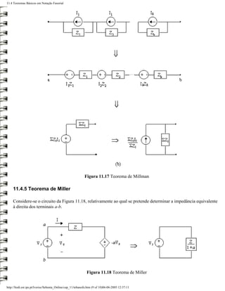11.4 Teoremas Básicos em Notação Fasorial




                                                            Figura 11.17 Teorema de Millman

     11.4.5 Teorema de Miller

     Considere-se o circuito da Figura 11.18, relativamente ao qual se pretende determinar a impedância equivalente
     à direita dos terminais a-b.




                                                              Figura 11.18 Teorema de Miller


http://ltodi.est.ips.pt/lveriss/Sebenta_Online/cap_11/tebanofa.htm (9 of 10)06-06-2005 12:37:11
 