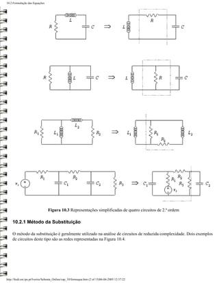 10.2 Formulação das Equações




                                 Figura 10.3 Representações simplificadas de quatro circuitos de 2.ª ordem

    10.2.1 Método da Substituição

    O método da substituição é geralmente utilizado na análise de circuitos de reduzida complexidade. Dois exemplos
    de circuitos deste tipo são as redes representadas na Figura 10.4.




http://ltodi.est.ips.pt/lveriss/Sebenta_Online/cap_10/formequa.htm (2 of 13)06-06-2005 12:37:22
 