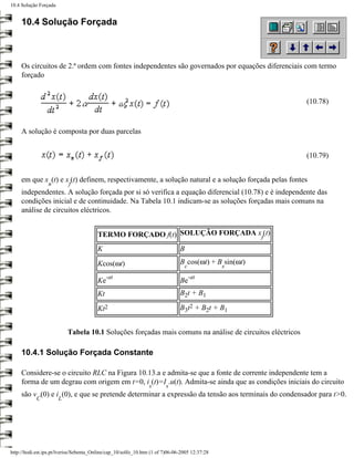 10.4 Solução Forçada


     10.4 Solução Forçada



     Os circuitos de 2.ª ordem com fontes independentes são governados por equações diferenciais com termo
     forçado


                                                                                                          (10.78)



     A solução é composta por duas parcelas


                                                                                                          (10.79)


     em que x (t) e x (t) definem, respectivamente, a solução natural e a solução forçada pelas fontes
                  n        f
     independentes. A solução forçada por si só verifica a equação diferencial (10.78) e é independente das
     condições inicial e de continuidade. Na Tabela 10.1 indicam-se as soluções forçadas mais comuns na
     análise de circuitos eléctricos.


                                         TERMO FORÇADO f(t) SOLUÇÃO FORÇADA xf(t)
                                         K                                      B
                                         Kcos(ωt)                               B cos(ωt) + B sin(ωt)
                                                                                  c              s
                                              -at                                     -at
                                         Ke                                     Be
                                         Kt                                     B2t + B1

                                         Kt2                                    B3t2 + B2t + B1


                           Tabela 10.1 Soluções forçadas mais comuns na análise de circuitos eléctricos

     10.4.1 Solução Forçada Constante

     Considere-se o circuito RLC na Figura 10.13.a e admita-se que a fonte de corrente independente tem a
     forma de um degrau com origem em t=0, i (t)=I .u(t). Admita-se ainda que as condições iniciais do circuito
                                                                 s       s
     são v (0) e i (0), e que se pretende determinar a expressão da tensão aos terminais do condensador para t>0.
            C          L




http://ltodi.est.ips.pt/lveriss/Sebenta_Online/cap_10/solfo_10.htm (1 of 7)06-06-2005 12:37:28
 