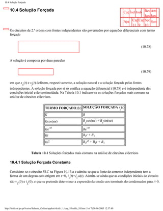 10.4 Solução Forçada


     10.4 Solução Forçada                                                                                                Í Index Reduzir
                                                                                                                      Capandice        Ampliar
                                                                                                                                   Janela
                                                                                                                                       Janela
                                                                                                                      AjudaCapítuloTexto
                                                                                                                               CapítuloTexto
                                                                                                                                   Secção
                                                                                                                                       Sumário
                                                                                                                           11 9 10.3
     Os circuitos de 2.ª ordem com fontes independentes são governados por equações diferenciais com termo
     forçado


                                                                                                                                (10.78)



     A solução é composta por duas parcelas


                                                                                                                                (10.79)


     em que x (t) e x (t) definem, respectivamente, a solução natural e a solução forçada pelas fontes
                  n         f
     independentes. A solução forçada por si só verifica a equação diferencial (10.78) e é independente das
     condições inicial e de continuidade. Na Tabela 10.1 indicam-se as soluções forçadas mais comuns na
     análise de circuitos eléctricos.


                                          TERMO FORÇADO f(t) SOLUÇÃO FORÇADA xf(t)
                                          K                                       B
                                          Kcos(ωt)                                B cos(ωt) + B sin(ωt)
                                                                                     c                 s
                                               -at                                       -at
                                          Ke                                      Be
                                          Kt                                      B2t + B1

                                          Kt2                                     B3t2 + B2t + B1


                           Tabela 10.1 Soluções forçadas mais comuns na análise de circuitos eléctricos

     10.4.1 Solução Forçada Constante

     Considere-se o circuito RLC na Figura 10.13.a e admita-se que a fonte de corrente independente tem a
     forma de um degrau com origem em t=0, i (t)=I .u(t). Admita-se ainda que as condições iniciais do circuito
                                                                   s        s
     são v (0) e i (0), e que se pretende determinar a expressão da tensão aos terminais do condensador para t>0.
            C          L




http://ltodi.est.ips.pt/lveriss/Sebenta_Online/applets/rlcsfc/....cap_10solfo_10.htm (1 of 7)06-06-2005 12:37:40
 