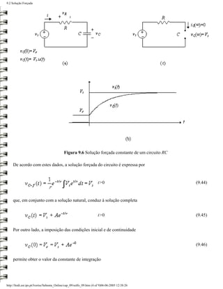 9.2 Solução Forçada




                                            Figura 9.6 Solução forçada constante de um circuito RC

     De acordo com estes dados, a solução forçada do circuito é expressa por


                                                                       t>0                           (9.44)


     que, em conjunto com a solução natural, conduz à solução completa


                                                                       t>0                           (9.45)


     Por outro lado, a imposição das condições inicial e de continuidade


                                                                                                     (9.46)


     permite obter o valor da constante de integração




http://ltodi.est.ips.pt/lveriss/Sebenta_Online/cap_09/solfo_09.htm (4 of 9)06-06-2005 12:38:26
 