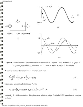 9.2 Solução Forçada




      Figura 9.7 Solução natural e forçada sinusoidal de um circuito RC: (b) ω=0.1 rad/s, R=1 Ω, C=1 F, v (0)= -1
                                                                                                                     C
                      V, v (t) = V .u(t).cos(ωt); (c)ω=1 rad/s, R=1 Ω, C=1 F, v (0)= -1 V, v (t) = V .u(t).cos(ωt)
                           s         s                                                           C   s   s


     A equação diferencial característica do circuito é, neste caso,


                                                                                                                 (9.52)


     cuja solução após aplicação do integral (9.41) é


                                                                                        t>0                      (9.53)


     em que B , B e A são constantes a determinar como adiante se indica. A solução (9.53) pode ainda ser expressa
                  c    s
     na forma



http://ltodi.est.ips.pt/lveriss/Sebenta_Online/cap_09/solfo_09.htm (6 of 9)06-06-2005 12:38:26
 