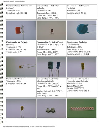 Fotografias de Tipos de Condensadores


      Condensador de Policarbonato                          Condensador de Polyester             Condensador de Polyester
      (película)                                            (película)                           (película)
      Tolerância: ± 5%                                      Tolerância: ± 10%                    Tolerância: ± 5%
      Resistência Isol.: 100 GΩ                             Resistência Isol.: 30 GΩ             Resistência Isol.: 30 GΩ
                                                            Tensão Máx.: 100 a 400 V
                                                            Gama Temp.: -40 ºC a 85 ºC




      Condensador de Polyester                              Condensador Cerâmico (Placa)         Condensador Cerâmico
      (película)                                            Tolerância: 0.25 pF (<10pF) ± 2%     (Multicamada)
      Tolerância: ± 10%                                     (≥ 10 pF)                            Tolerância: ± 10%
      Resistência Isol.: 10 GΩ                              Resistência Isol.: 10 GΩ             Coef. Temp.: ± 20%
      Tensão Máx.: 63 V                                     Tensão Máx.: 100 a 400 V             Gama Temp.: -55 ºC a 125 ºC
                                                            Gama Temp.: -40 ºC a 85 ºC           Resistência Isol.: > 100 GΩ




      Condensador Cerâmico                                  Condensador Electrolítico            Condensador Electrolítico
      Tolerância: - 20%                                     (alumínio; polarizado)               (alumínio; não-polarizado)
      Resistência Isol.: 10 GΩ                              Tolerância: ± 20% (≥ 10 pF)          Tolerância: ± 20%
                                                            Tensão Máx.: 35 V (esq.) 63 V        Tensão Máx.: 6.3 V
                                                            (dto.)                               Iperdas: I=0.03*C*V
                                                            Iperdas: 3 µA ou I=0.01*C*V (o       Gama Temp.: -40 ºC a 85 ºC
                                                            maior valor)
                                                            Gama Temp.: -40 ºC a 85 ºC




http://ltodi.est.ips.pt/lveriss/Sebenta_Online/cap_07/foto_075.htm (2 of 3)06-06-2005 12:38:58
 