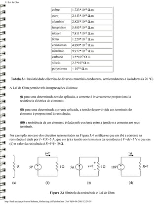 3.1 Lei de Ohm


                                                  cobre                1.723*10-8 Ω.m
                                                  ouro                 2.443*10-8 Ω.m
                                                  alumínio             2.825*10-8 Ω.m
                                                  tungsténio           5.485*10-8 Ω.m
                                                  níquel               7.811*10-8 Ω.m
                                                  ferro                1.229*10-7 Ω.m
                                                  constantan           4.899*10-7 Ω.m
                                                  nicrómio             9.972*10-7 Ω.m
                                                  carbono              3.5*10-5 Ω.m
                                                  silício              2.3*103 Ω.m
                                                  polystirene          ~ 1016 Ω.m


      Tabela 3.1 Resistividade eléctrica de diversos materiais condutores, semicondutores e isoladores (a 20 ºC)

     A Lei de Ohm permite três interpretações distintas:

                 (i) para uma determinada tensão aplicada, a corrente é inversamente proporcional à
                 resistência eléctrica do elemento;

                 (ii) para uma determinada corrente aplicada, a tensão desenvolvida aos terminais do
                 elemento é proporcional à resistência;

                 (iii) a resistência de um elemento é dada pelo cociente entre a tensão e a corrente aos seus
                 terminais.

     Por exemplo, no caso dos circuitos representados na Figura 3.4 verifica-se que em (b) a corrente na
     resistência é dada por I=V/R=5 A, que em (c) a tensão aos terminais da resistência é V=RI=5 V e que em
     (d) o valor da resistência é R=V/I=10 Ω.




                                               Figura 3.4 Símbolo da resistência e Lei de Ohm

http://ltodi.est.ips.pt/lveriss/Sebenta_Online/cap_03/leiohm.htm (5 of 6)06-06-2005 12:39:39
 