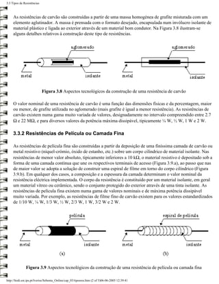 3.3 Tipos de Resistências



     As resistências de carvão são construídas a partir de uma massa homogénea de grafite misturada com um
     elemento aglutinador. A massa é prensada com o formato desejado, encapsulada num invólucro isolante de
     material plástico e ligada ao exterior através de um material bom condutor. Na Figura 3.8 ilustram-se
     alguns detalhes relativos à construção deste tipo de resistências.




                            Figura 3.8 Aspectos tecnológicos da construção de uma resistência de carvão

     O valor nominal de uma resistência de carvão é uma função das dimensões físicas e da percentagem, maior
     ou menor, de grafite utilizada no aglomerado (mais grafite é igual a menor resistência). As resistências de
     carvão existem numa gama muito variada de valores, designadamente no intervalo compreendido entre 2.7
     Ω e 22 MΩ, e para diversos valores da potência máxima dissipável, tipicamente ¼ W, ½ W, 1 W e 2 W.

     3.3.2 Resistências de Película ou Camada Fina

     As resistências de película fina são construídas a partir da deposição de uma finíssima camada de carvão ou
     metal resistivo (níquel-crómio, óxido de estanho, etc.) sobre um corpo cilíndrico de material isolante. Nas
     resistências de menor valor absoluto, tipicamente inferiores a 10 kΩ, o material resistivo é depositado sob a
     forma de uma camada contínua que une os respectivos terminais de acesso (Figura 3.9.a), ao passo que nas
     de maior valor se adopta a solução de construir uma espiral de filme em torno do corpo cilíndrico (Figura
     3.9.b). Em qualquer dos casos, a composição e a espessura da camada determinam o valor nominal da
     resistência eléctrica implementada. O corpo da resistência é constituído por um material isolante, em geral
     um material vítreo ou cerâmico, sendo o conjunto protegido do exterior através de uma tinta isolante. As
     resistências de película fina existem numa gama de valores nominais e de máxima potência dissipável
     muito variada. Por exemplo, as resistências de filme fino de carvão existem para os valores estandardizados
     de 1/10 W, ¼ W, 1/3 W, ½ W, 2/3 W, 1 W, 3/2 W e 2 W.




               Figura 3.9 Aspectos tecnológicos da construção de uma resistência de película ou camada fina

http://ltodi.est.ips.pt/lveriss/Sebenta_Online/cap_03/tiposres.htm (2 of 5)06-06-2005 12:39:41
 